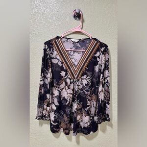 Susan Graver Black Floral V-Neck Blouse